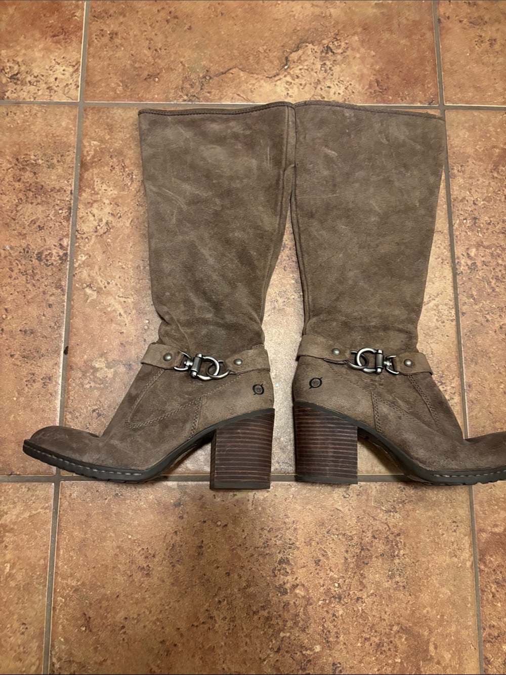 Born Taupe Suede Mid-Calf Heeled Riding Boots with Metal Bit Detail